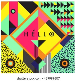 Trendy geometric elements memphis greeting cards design. Retro style texture, pattern and elements. Modern abstract design poster and cover template