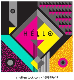 Trendy geometric elements memphis greeting cards design. Retro style texture, pattern and elements. Modern abstract design poster and cover template