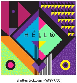 Trendy geometric elements memphis greeting cards design. Retro style texture, pattern and elements. Modern abstract design poster and cover template