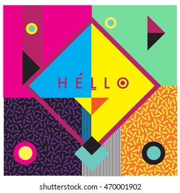 Trendy geometric elements memphis greeting cards design. Retro style texture, pattern and elements. Modern abstract design poster and cover template