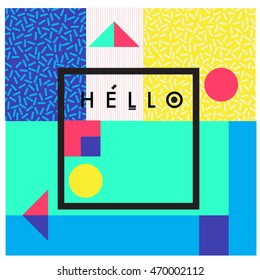 Trendy geometric elements memphis greeting cards design. Retro style texture, pattern and elements. Modern abstract design poster and cover template
