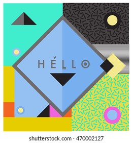 Trendy geometric elements memphis greeting cards design. Retro style texture, pattern and elements. Modern abstract design poster and cover template
