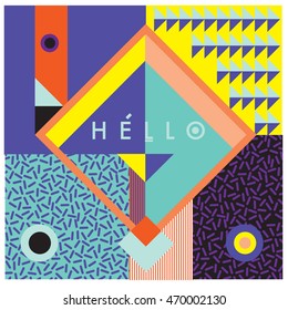 Trendy geometric elements memphis greeting cards design. Retro style texture, pattern and elements. Modern abstract design poster and cover template