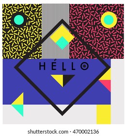 Trendy geometric elements memphis greeting cards design. Retro style texture, pattern and elements. Modern abstract design poster and cover template