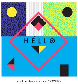 Trendy geometric elements memphis greeting cards design. Retro style texture, pattern and elements. Modern abstract design poster and cover template