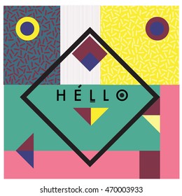 Trendy geometric elements memphis greeting cards design. Retro style texture, pattern and elements. Modern abstract design poster and cover template