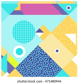 Trendy geometric elements memphis greeting cards design. Retro style texture, pattern and elements. Modern abstract design poster and cover template