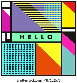 Trendy geometric elements memphis greeting cards design. Retro style texture, pattern and elements. Modern abstract design poster and cover template