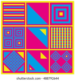 Trendy geometric elements memphis greeting cards design. Retro style texture, pattern and elements. Modern abstract design poster and cover template