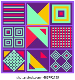 Trendy geometric elements memphis greeting cards design. Retro style texture, pattern and elements. Modern abstract design poster and cover template