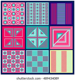 Trendy geometric elements memphis greeting cards design. Retro style texture, pattern and elements. Modern abstract design poster and cover template