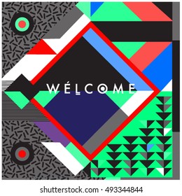 Trendy geometric elements memphis greeting cards design. Retro style texture, pattern and elements. Modern abstract design poster and cover template