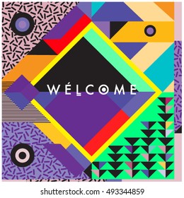 Trendy geometric elements memphis greeting cards design. Retro style texture, pattern and elements. Modern abstract design poster and cover template