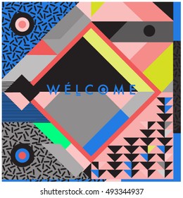 Trendy geometric elements memphis greeting cards design. Retro style texture, pattern and elements. Modern abstract design poster and cover template