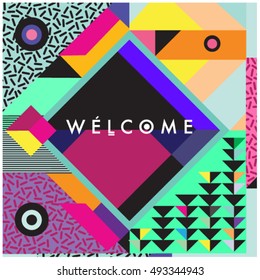 Trendy geometric elements memphis greeting cards design. Retro style texture, pattern and elements. Modern abstract design poster and cover template