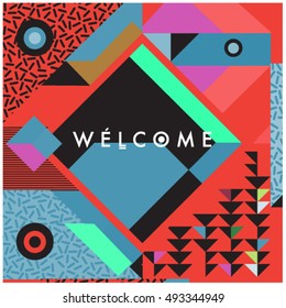 Trendy geometric elements memphis greeting cards design. Retro style texture, pattern and elements. Modern abstract design poster and cover template