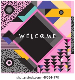 Trendy geometric elements memphis greeting cards design. Retro style texture, pattern and elements. Modern abstract design poster and cover template