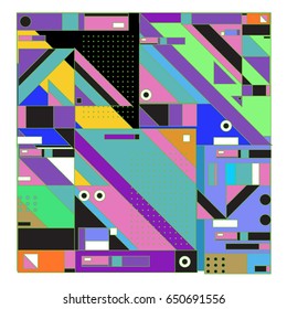 Trendy geometric elements memphis greeting cards design. Retro style texture, pattern and elements. Modern abstract design poster and cover template