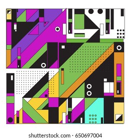 Trendy geometric elements memphis greeting cards design. Retro style texture, pattern and elements. Modern abstract design poster and cover template