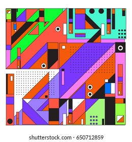 Trendy geometric elements memphis greeting cards design. Retro style texture, pattern and elements. Modern abstract design poster and cover template