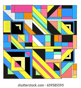 Trendy geometric elements memphis greeting cards design. Retro style texture, pattern and elements. Modern abstract design poster and cover template