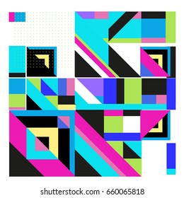 Trendy geometric elements memphis greeting cards design. Retro style texture, pattern and elements. Modern abstract design poster and cover template