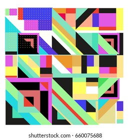 Trendy geometric elements memphis greeting cards design. Retro style texture, pattern and elements. Modern abstract design poster and cover template