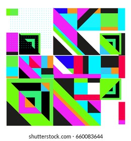 Trendy geometric elements memphis greeting cards design. Retro style texture, pattern and elements. Modern abstract design poster and cover template