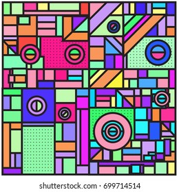 Trendy geometric elements memphis greeting cards design. Retro style texture, pattern and elements. Retro abstract pattern poster and cover design template for summer holiday season.