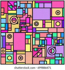 Trendy geometric elements memphis greeting cards design. Retro style texture, pattern and elements. Retro abstract pattern poster and cover design template for summer holiday season.