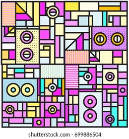 Trendy geometric elements memphis greeting cards design. Retro style texture, pattern and elements. Retro abstract pattern poster and cover design template for summer holiday season.