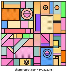 Trendy geometric elements memphis greeting cards design. Retro style texture, pattern and elements. Retro abstract pattern poster and cover design template for summer holiday season.