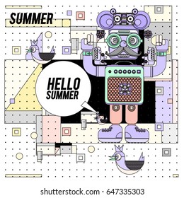 Trendy geometric elements memphis summer greeting cards design. Retro style Robot saying hello summer. Modern abstract design poster and cover template.