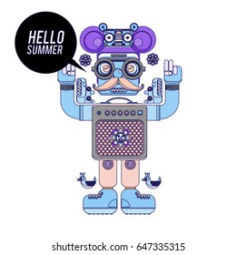 Trendy geometric elements memphis summer greeting cards design. Retro style Robot saying hello summer. Modern abstract design poster and cover template.