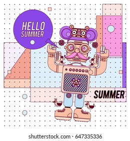 Trendy geometric elements memphis summer greeting cards design. Retro style Robot saying hello summer. Modern abstract design poster and cover template.