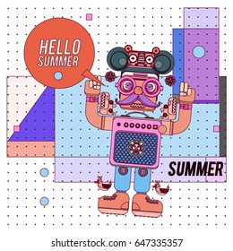 Trendy geometric elements memphis summer greeting cards design. Retro style Robot saying hello summer. Modern abstract design poster and cover template.