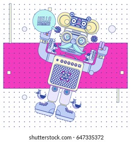 Trendy geometric elements memphis summer greeting cards design. Retro style Robot saying hello summer. Modern abstract design poster and cover template.