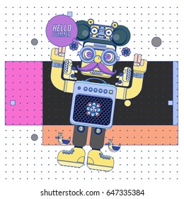 Trendy geometric elements memphis summer greeting cards design. Retro style Robot saying hello summer. Modern abstract design poster and cover template.