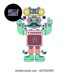 Trendy geometric elements memphis summer greeting cards design. Retro style Robot saying hello summer. Modern abstract design poster and cover template.
