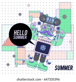 Trendy geometric elements memphis summer greeting cards design. Retro style Robot saying hello summer. Modern abstract design poster and cover template.
