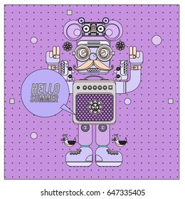 Trendy geometric elements memphis summer greeting cards design. Retro style Robot saying hello summer. Modern abstract design poster and cover template.