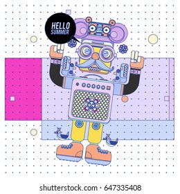 Trendy geometric elements memphis summer greeting cards design. Retro style Robot saying hello summer. Modern abstract design poster and cover template.