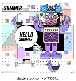 Trendy geometric elements memphis summer greeting cards design. Retro style Robot saying hello summer. Modern abstract design poster and cover template.