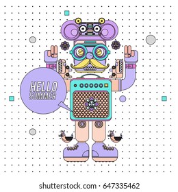 Trendy geometric elements memphis summer greeting cards design. Retro style Robot saying hello summer. Modern abstract design poster and cover template.