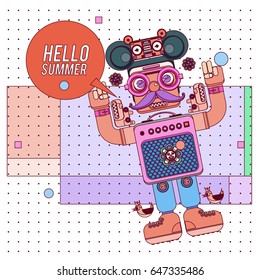 Trendy geometric elements memphis summer greeting cards design. Retro style Robot saying hello summer. Modern abstract design poster and cover template.