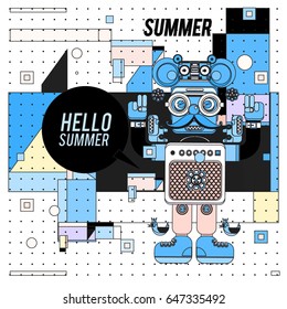 Trendy geometric elements memphis summer greeting cards design. Retro style Robot saying hello summer. Modern abstract design poster and cover template.