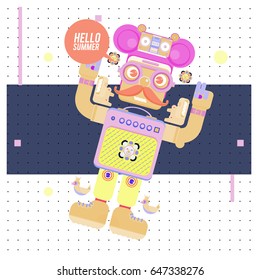 Trendy geometric elements memphis summer greeting cards design. Retro style Robot saying hello summer. Modern abstract design poster and cover template.