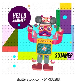 Trendy geometric elements memphis summer greeting cards design. Retro style Robot saying hello summer. Modern abstract design poster and cover template.