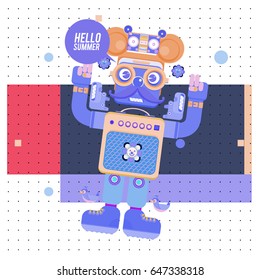 Trendy geometric elements memphis summer greeting cards design. Retro style Robot saying hello summer. Modern abstract design poster and cover template.