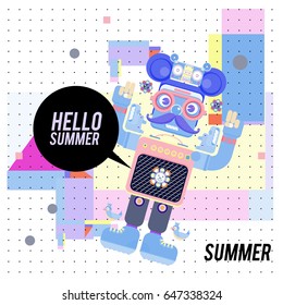 Trendy geometric elements memphis summer greeting cards design. Retro style Robot saying hello summer. Modern abstract design poster and cover template.